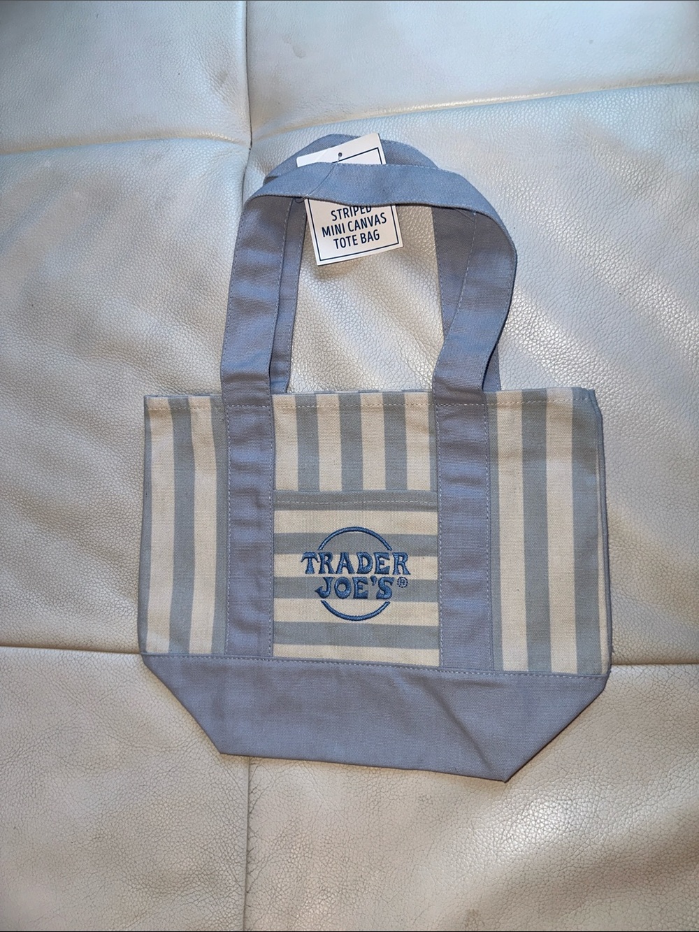 Trader Joe's Striped Mini Canvas Tote Bags Limited Edition in Blue via Off White